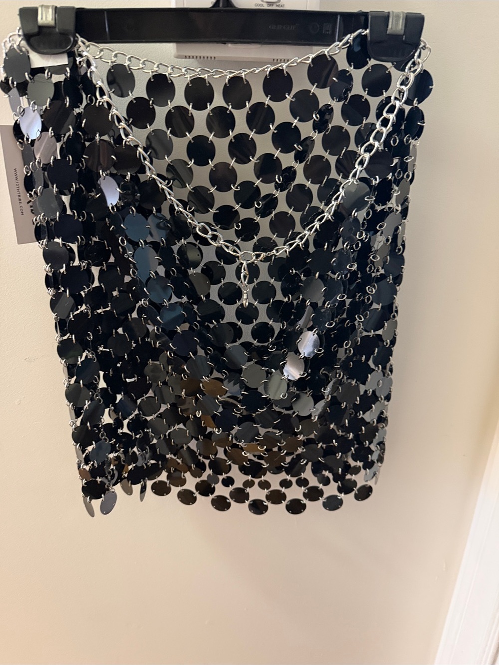12th Tribe Black Sequin Chainmail Skirt with Silver Chain Detail